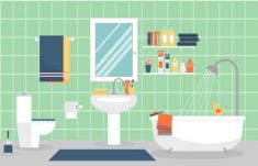 Modern bathroom interior with furniture in flat style. design modern bathroom, toothpaste and toothbrush, razor and lotion. Free Vector